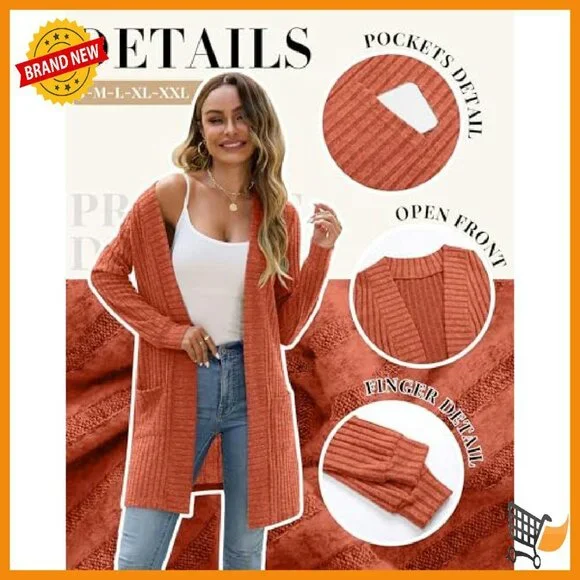 Long Ribbed Cardigan Sweater with Patch Pockets Lightweight Loose Fit - Picture 5 of 8